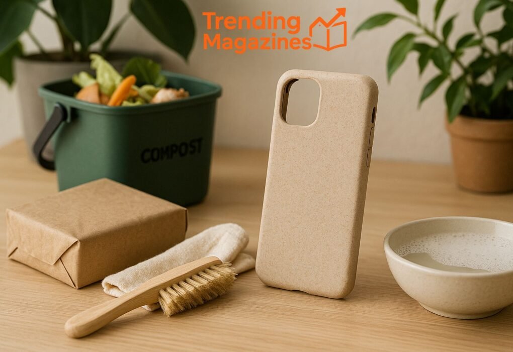 A flat lay of a phone case, cup, brush, and bowl, showcasing various everyday items.