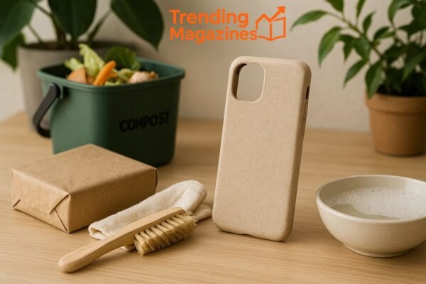 A flat lay of a phone case, cup, brush, and bowl, showcasing various everyday items.