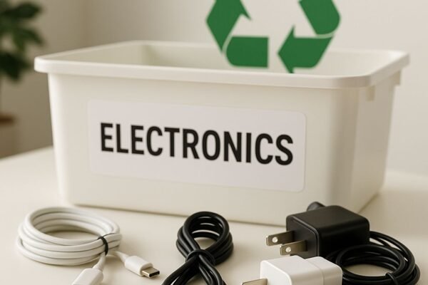 A scene of electronics being sorted for recycling, showcasing efforts to combat e-waste and promote environmental responsibility.
