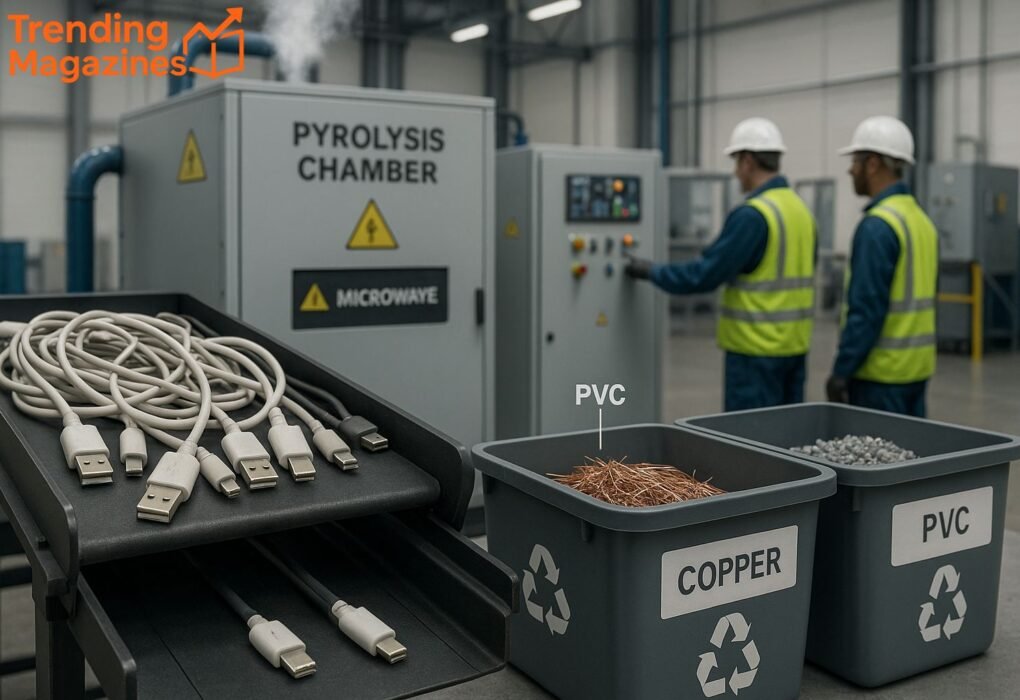 Two men in safety vests and hard hats stand by a machine brimming with copper wire, engaged in conversation.
