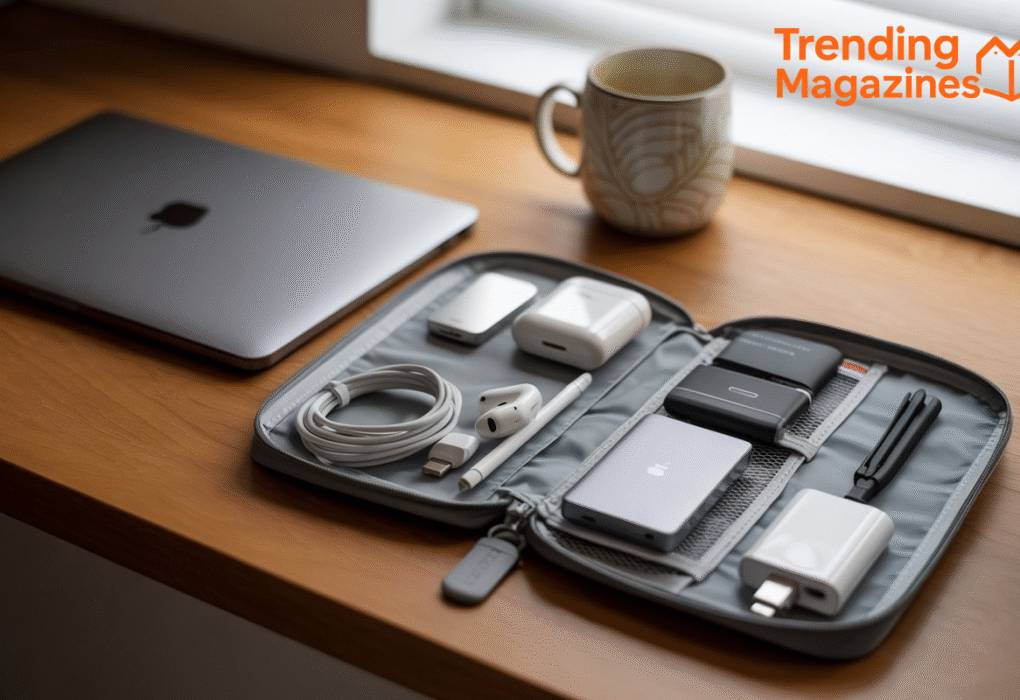 A workspace with a laptop, charger, and other desk items arranged neatly.