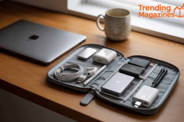 A workspace with a laptop, charger, and other desk items arranged neatly.