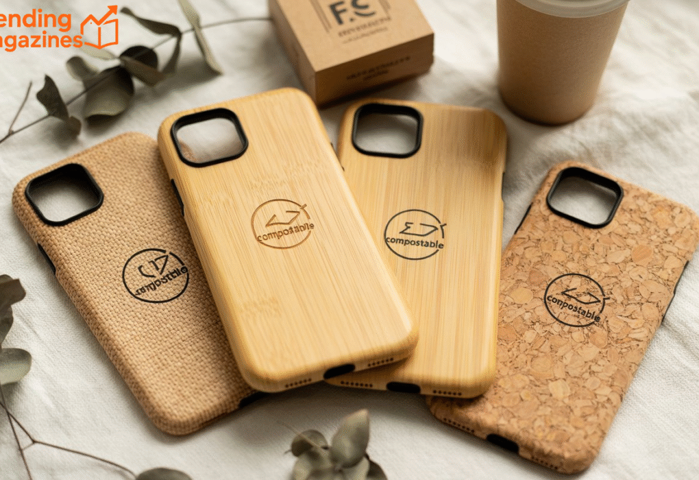 Three distinct iPhone cases featuring bamboo wood and cork, emphasizing an eco-conscious and modern aesthetic.