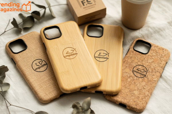 Three distinct iPhone cases featuring bamboo wood and cork, emphasizing an eco-conscious and modern aesthetic.